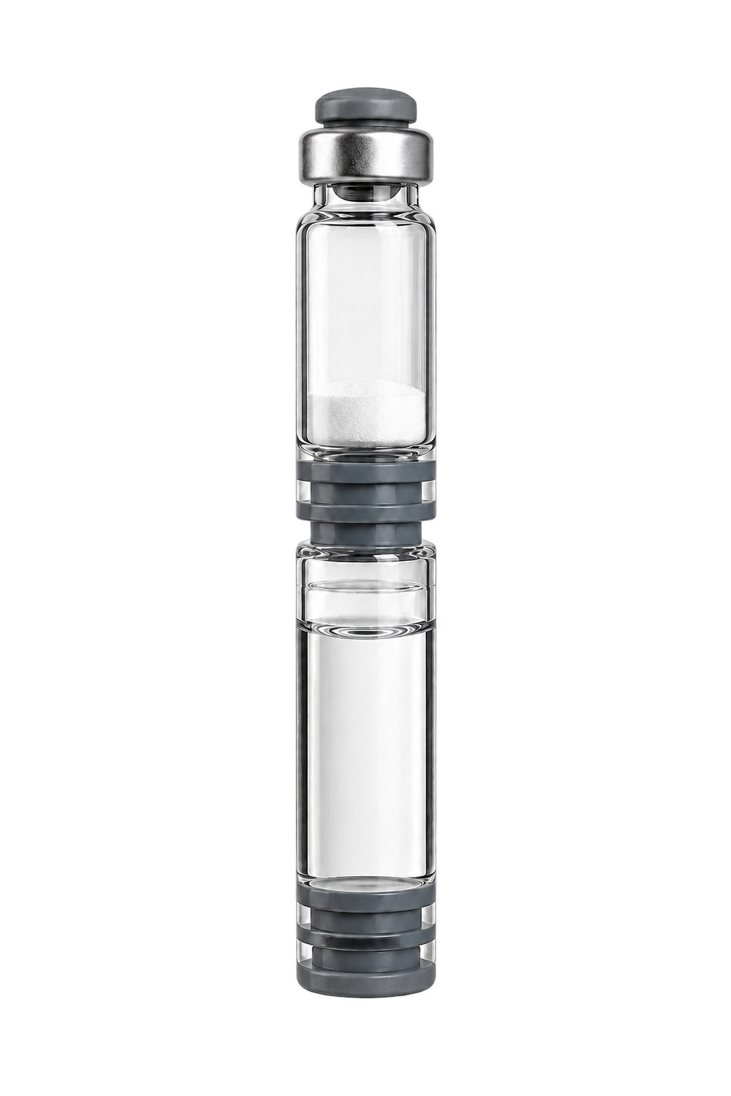 Double-chamber glass cartridge with separated lyophilized compound and sterile water